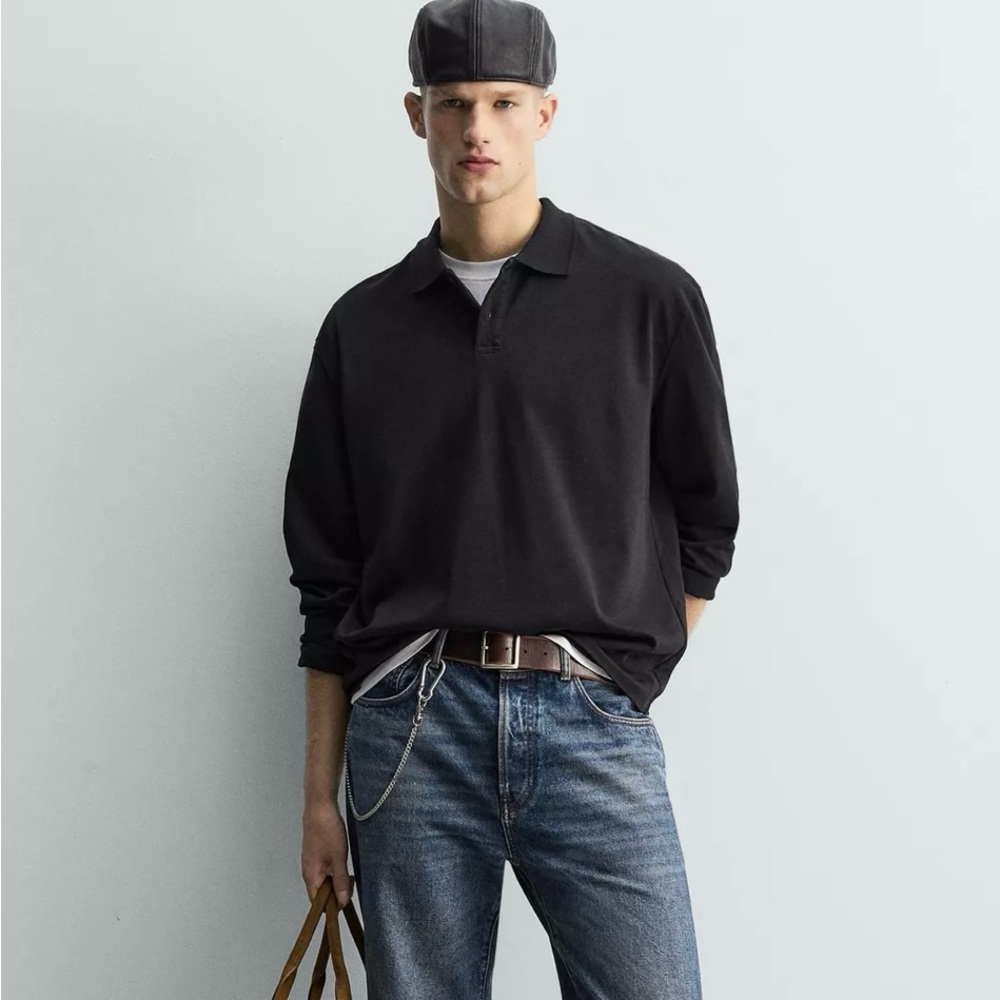 Zara Man Relaxed Fit Limited Edition Polo Shirt Size Large Long Sleeve Black